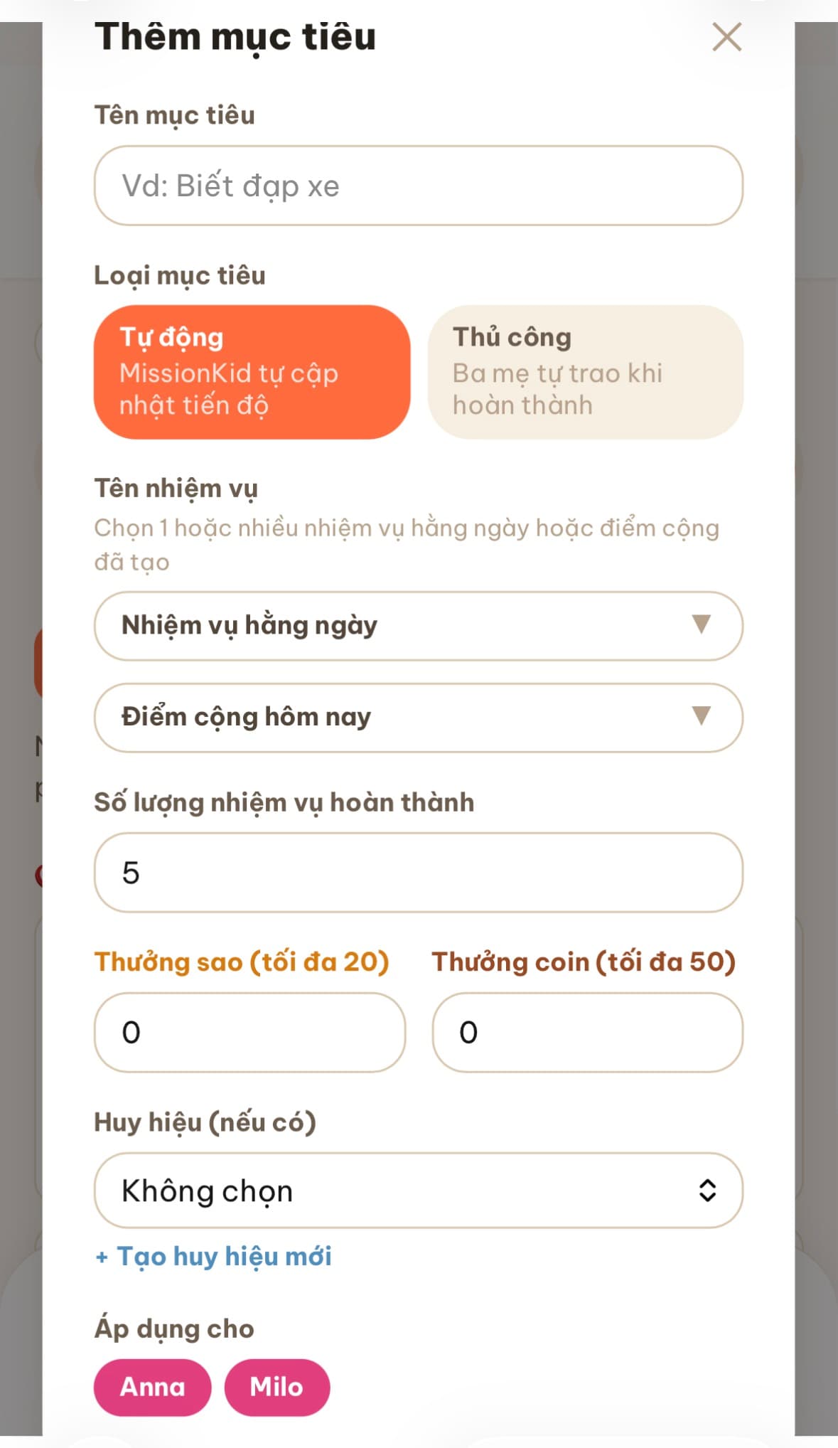 Form thêm mục tiêu