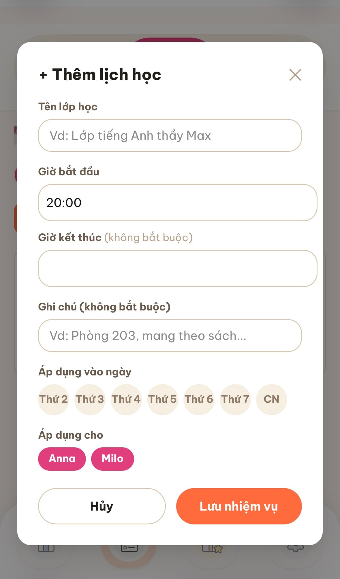 Form thêm lịch học