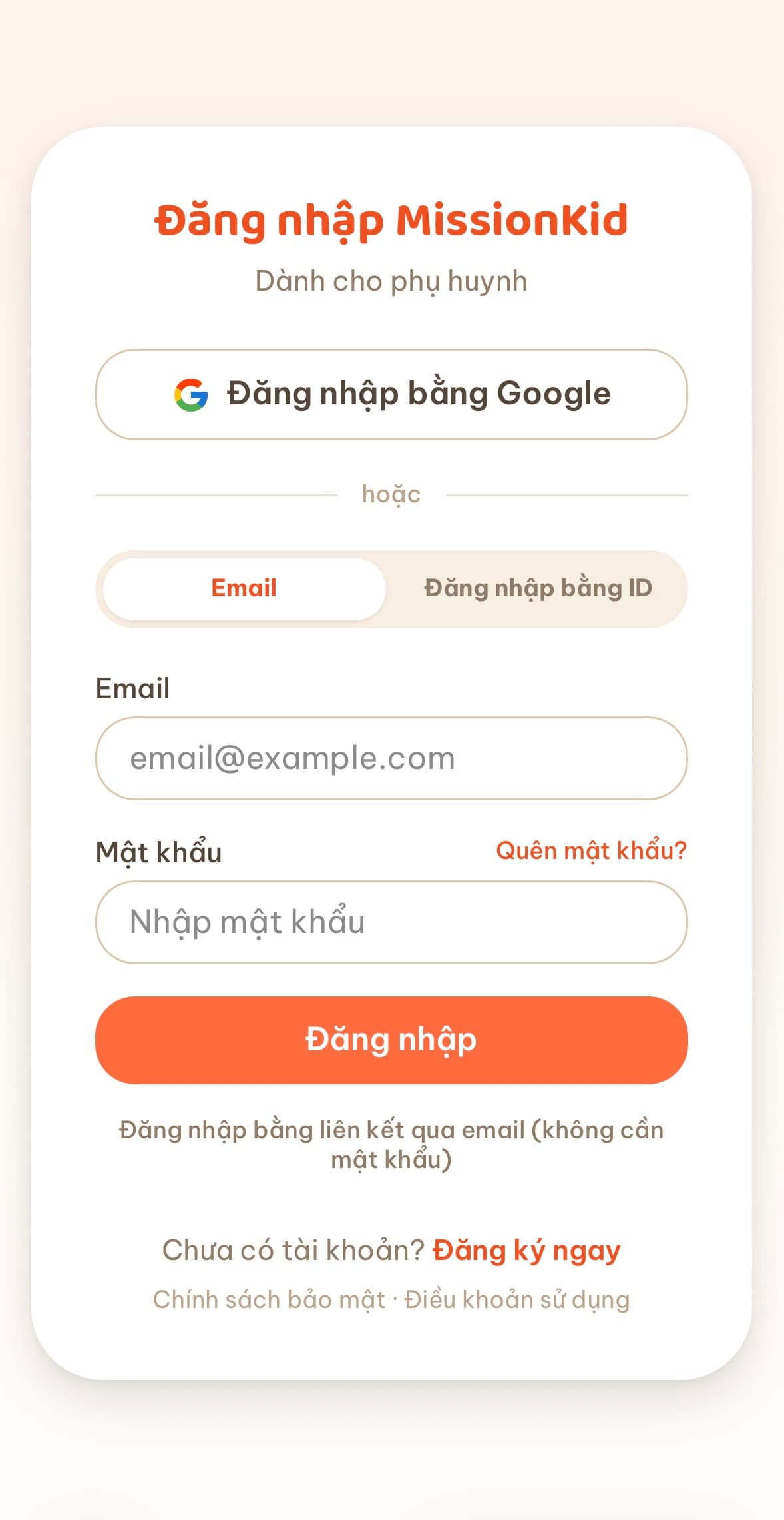 Màn hình đăng nhập MissionKid