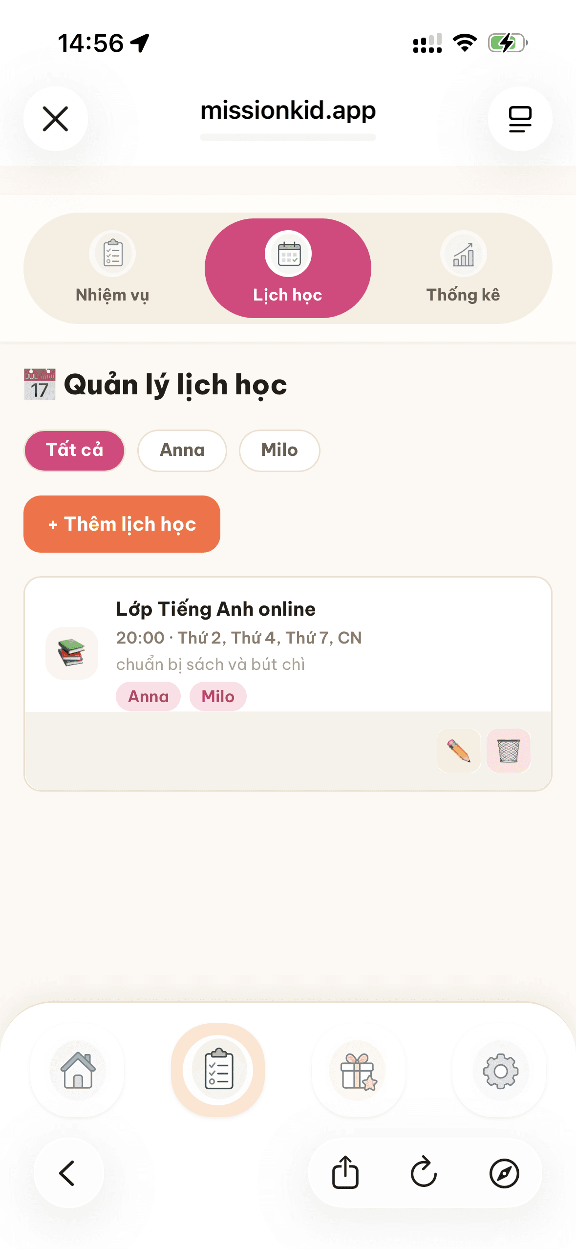 Danh sách lịch học