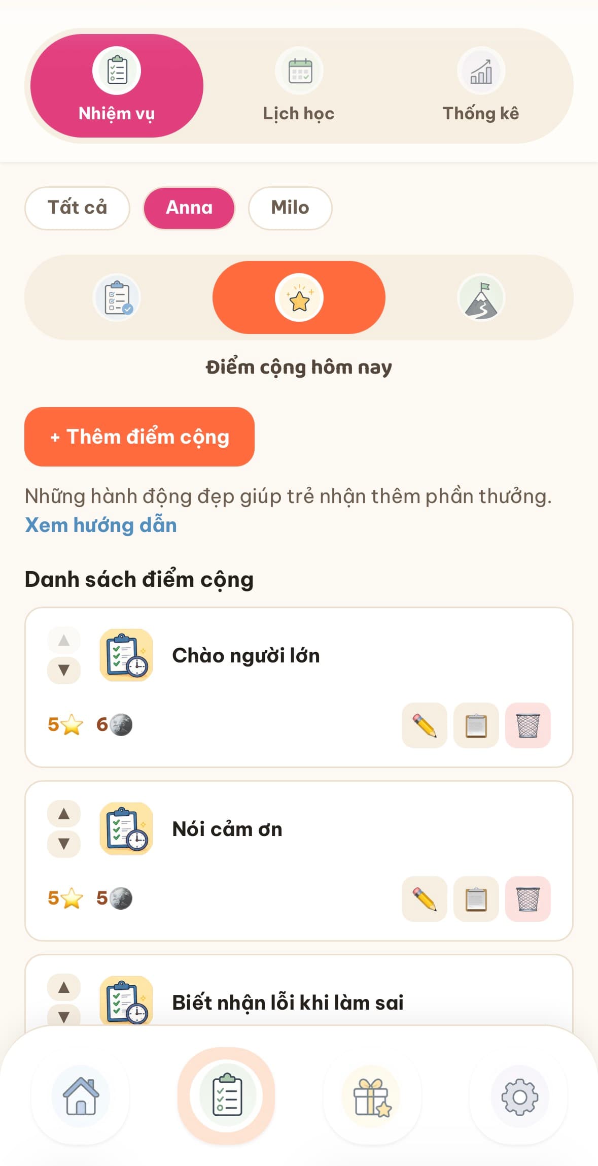 Danh sách điểm cộng