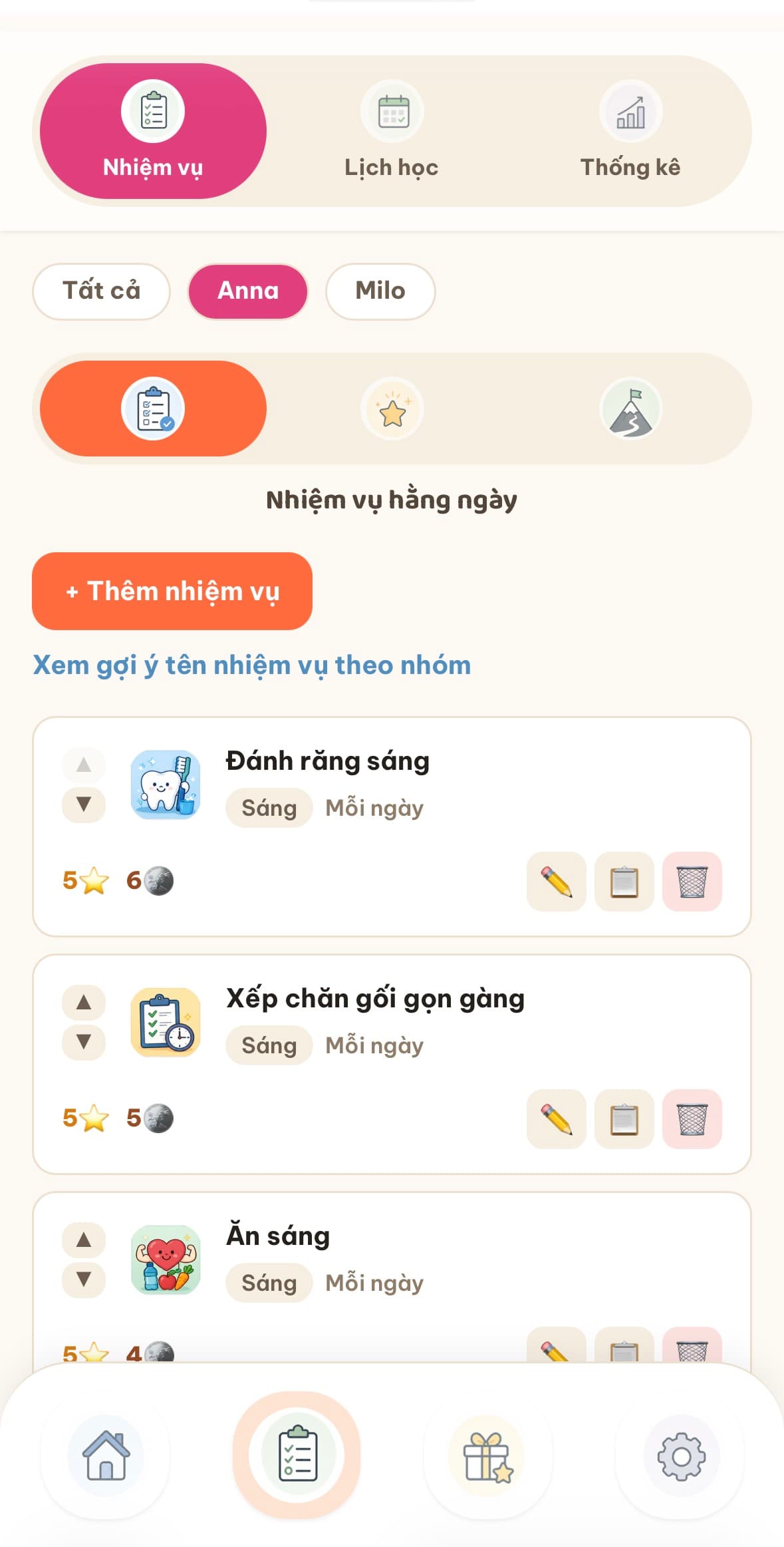 Danh sách nhiệm vụ hằng ngày